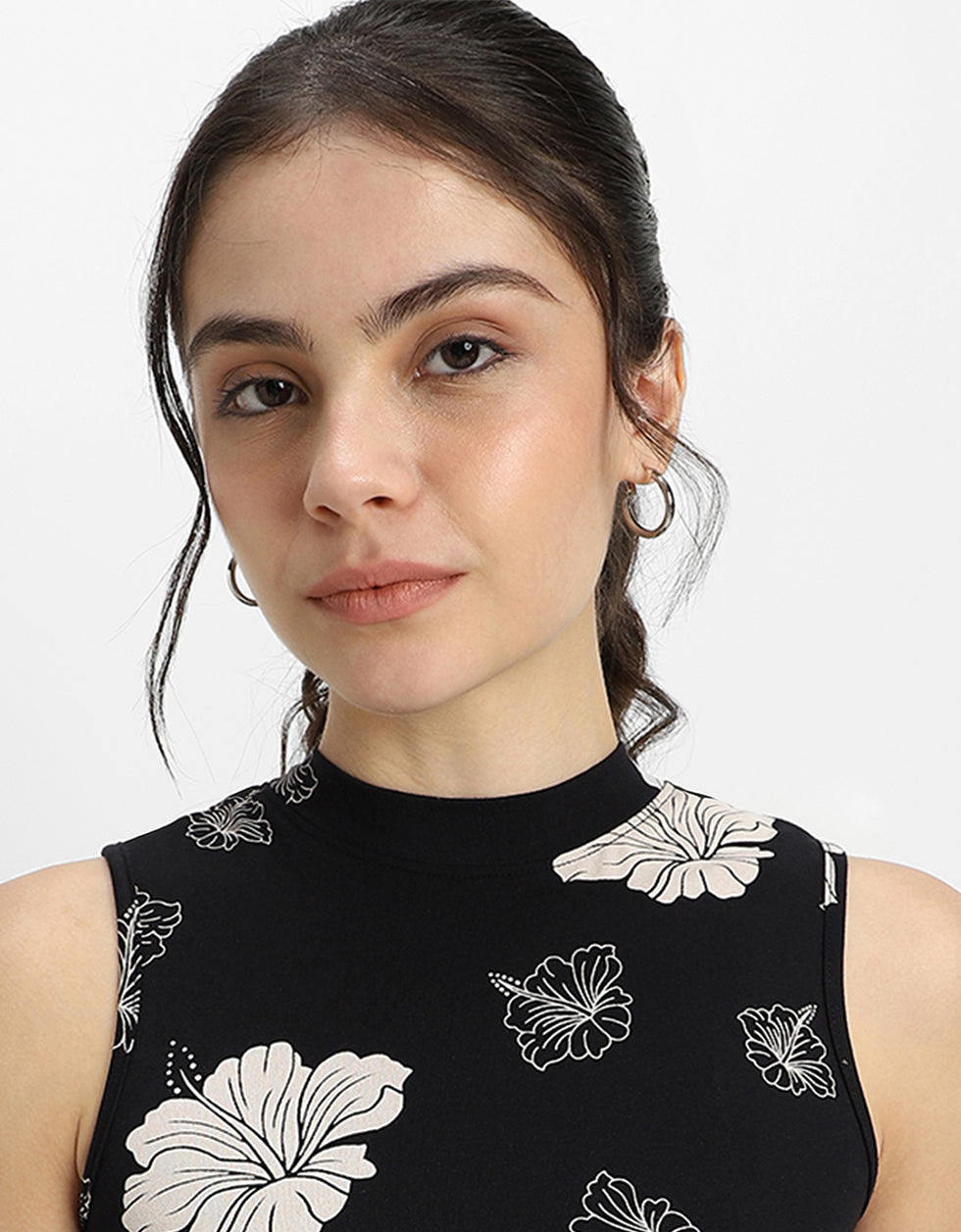 White Floral Printed Black High Neck Cropped Tank Top