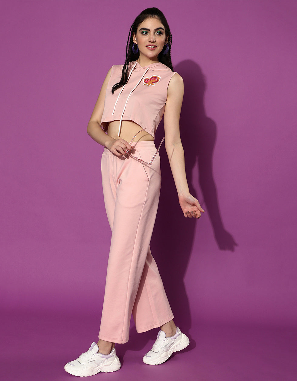 Pink Hooded Crop top With Trouser Co-Ords Set