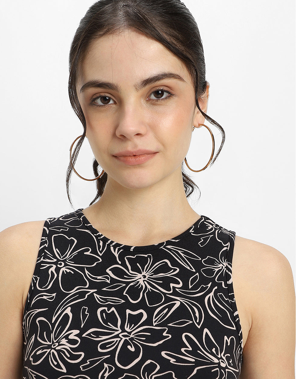 Black Printed High Neck Cropped Tank Top