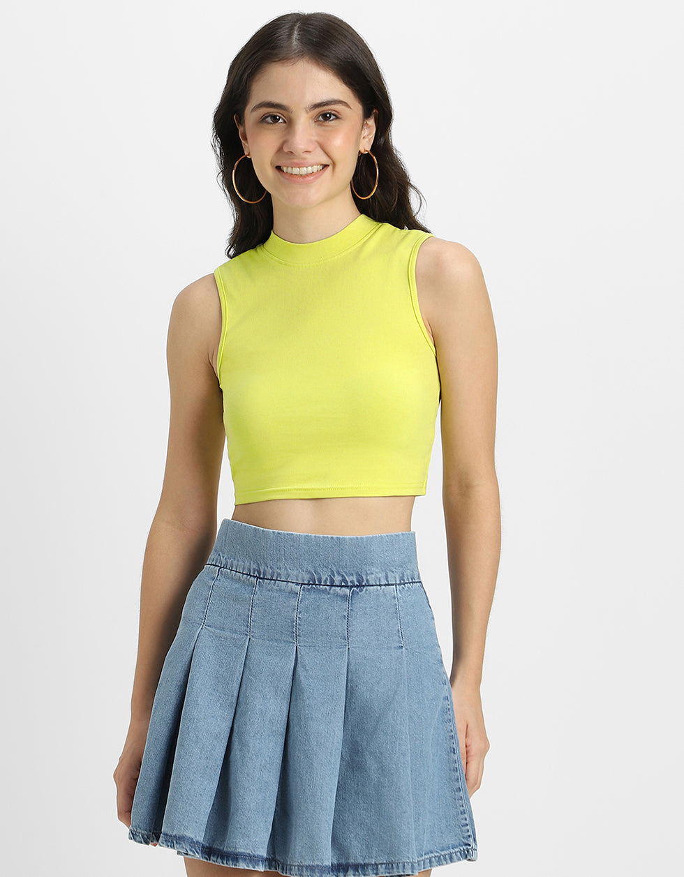 Lime Green Plain High Neck Cropped Tank Top
