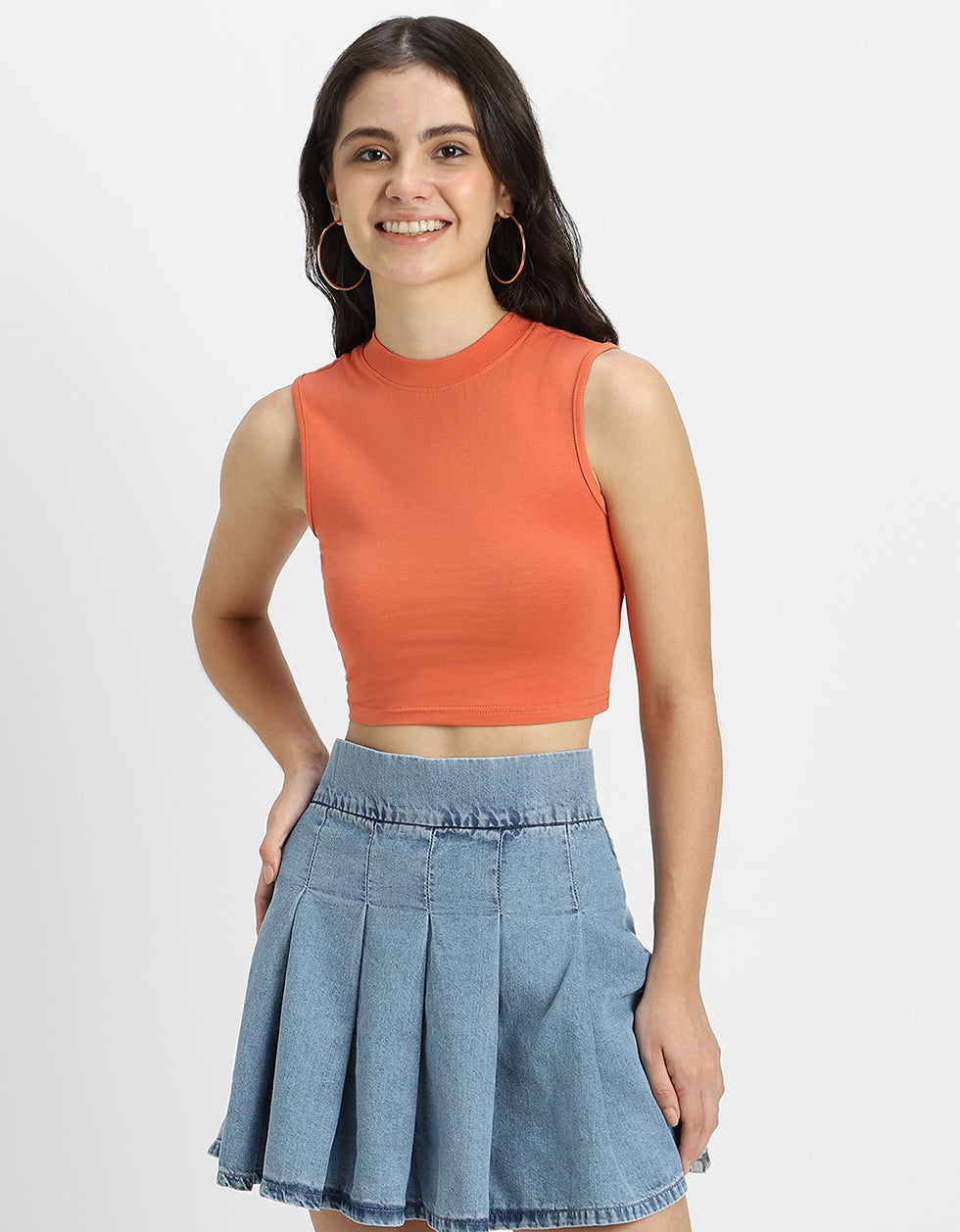 Orange Plain High Neck Cropped Tank Top
