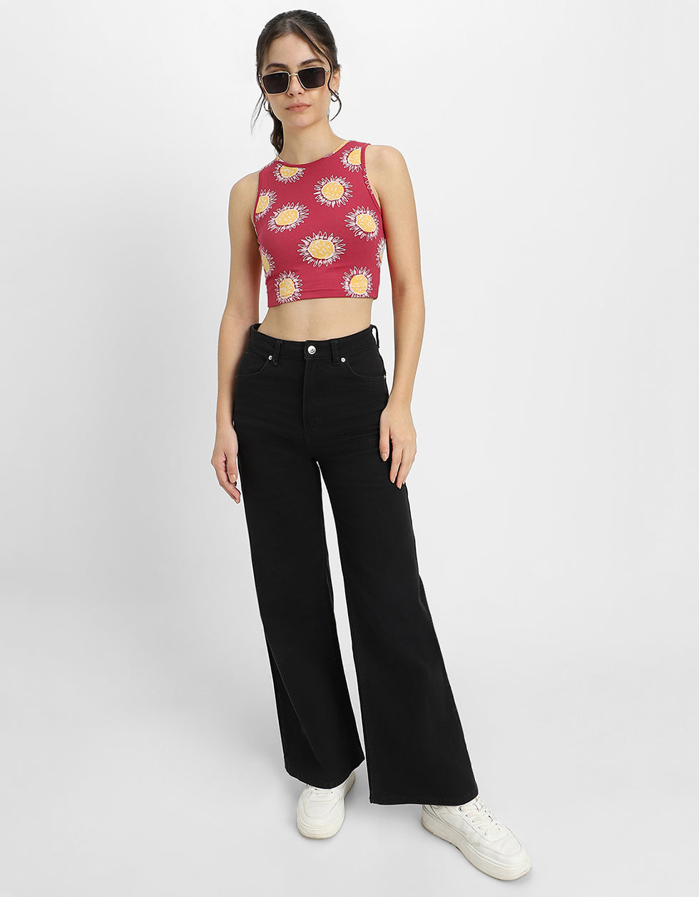 Magenta Printed Round Neck Cropped Tank Top