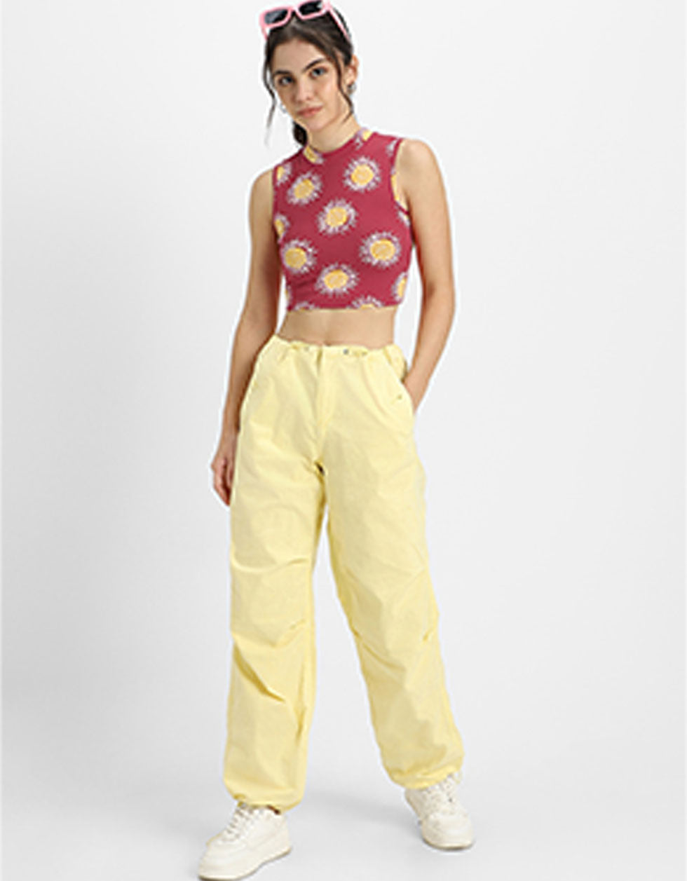 Viva Magenta Floral Printed High Neck Cropped Tank Top