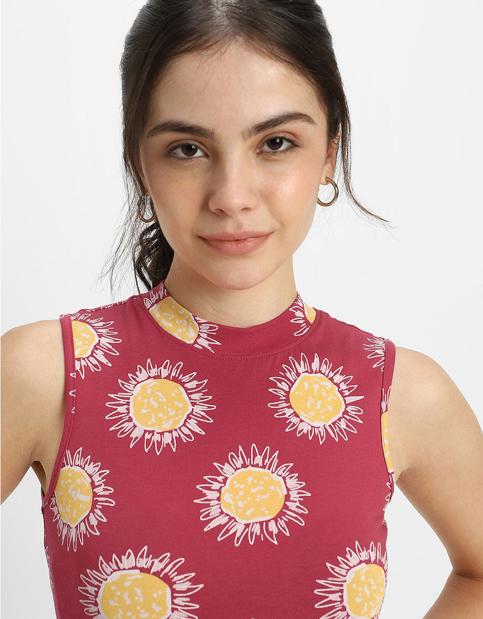 Viva Magenta Floral Printed High Neck Cropped Tank Top