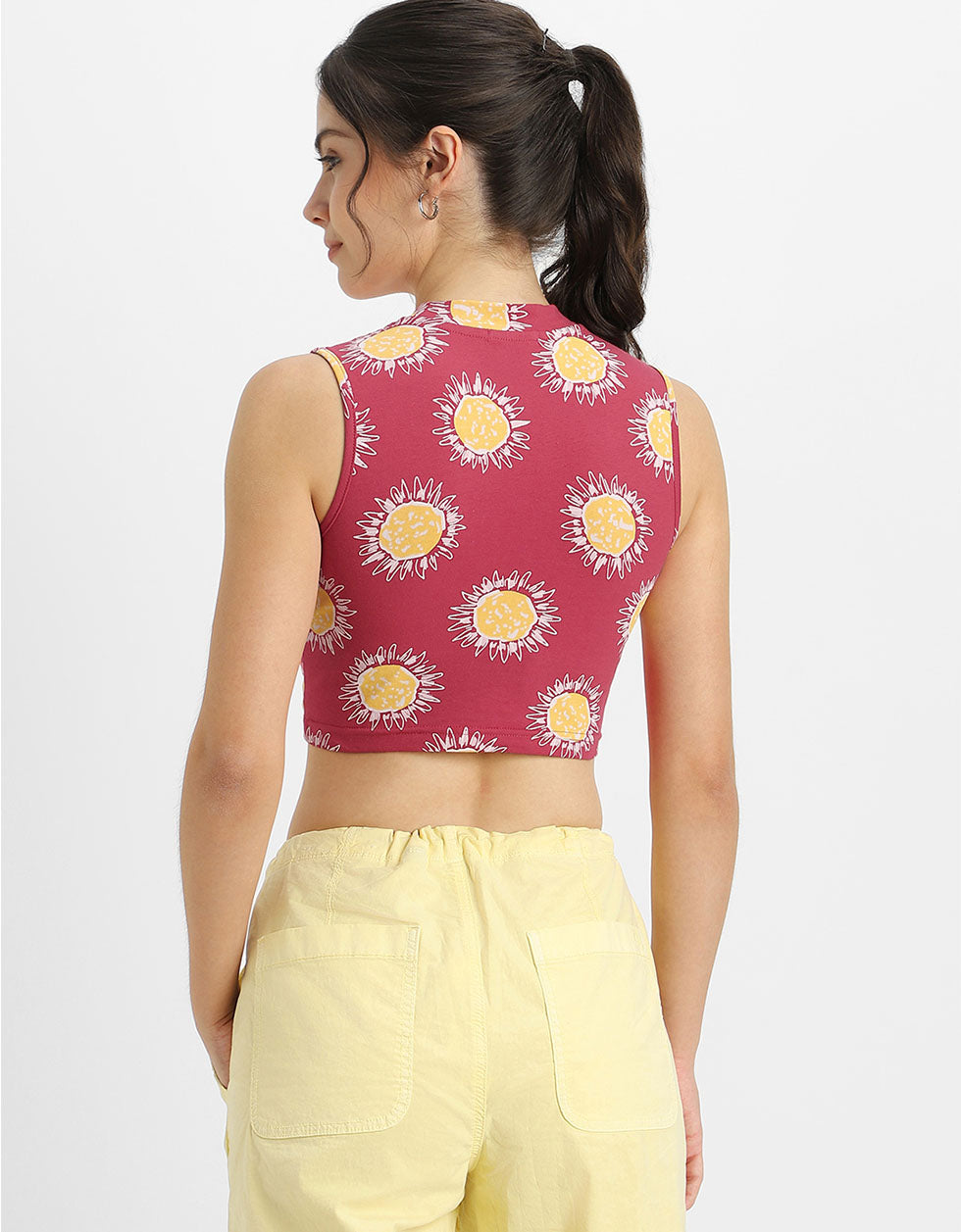 Viva Magenta Floral Printed High Neck Cropped Tank Top
