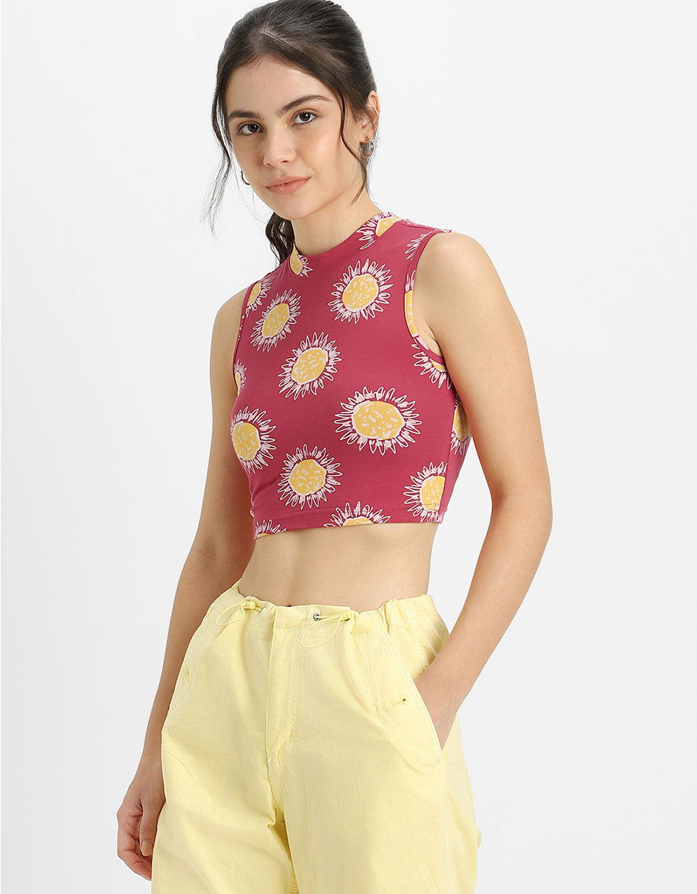 Viva Magenta Floral Printed High Neck Cropped Tank Top