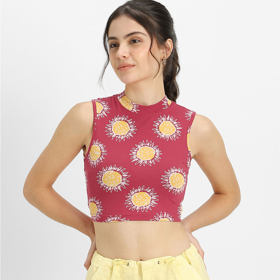 Viva Magenta Floral Printed High Neck Cropped Tank Top