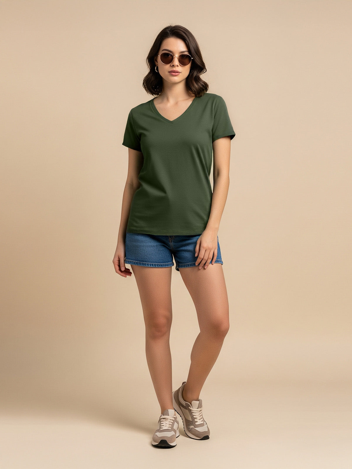Olive Plain V-Neck Regular Fit T-Shirt