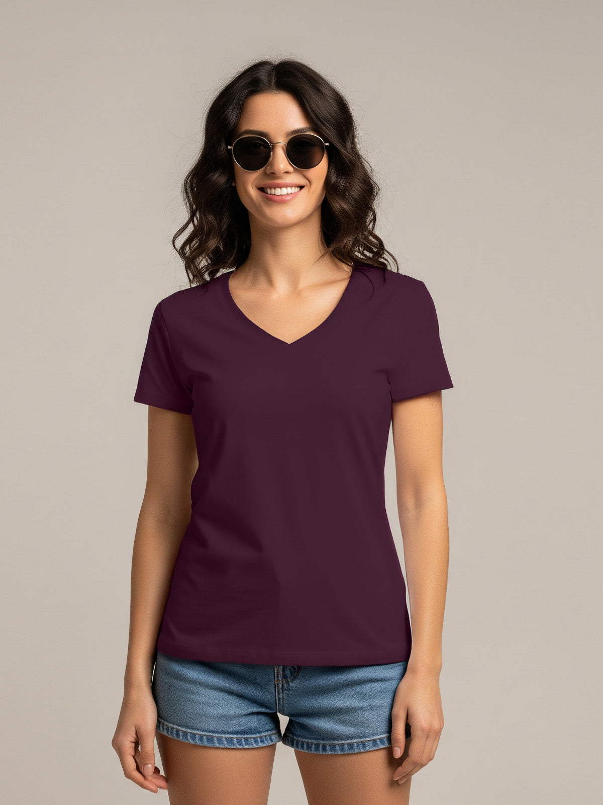 Wine Plain V-Neck Regular Fit T-Shirt