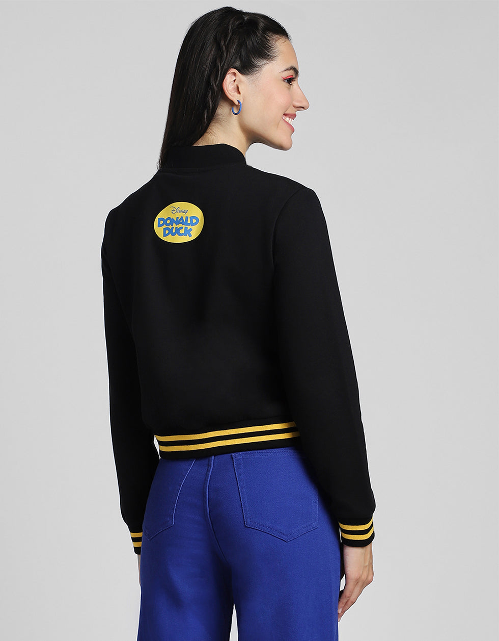 Donald Duck Graphic Printed Regular Fit Black Zipper Jacket