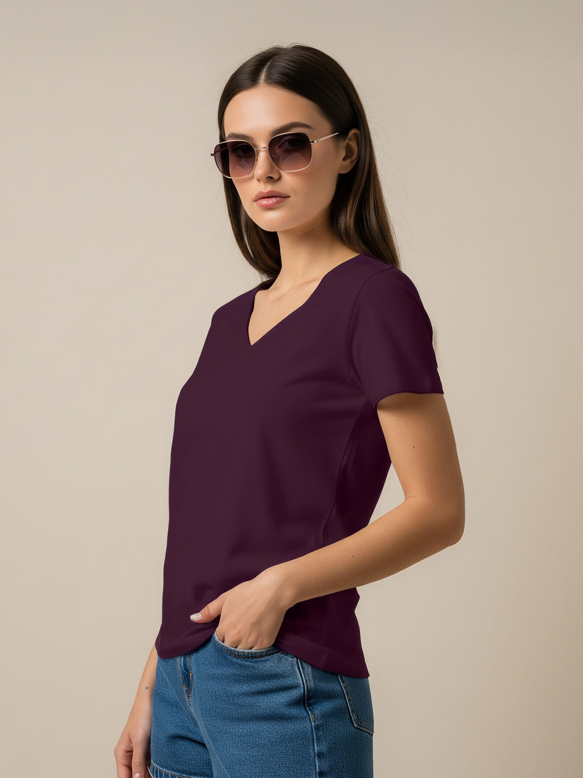 Wine Plain V-Neck Regular Fit T-Shirt