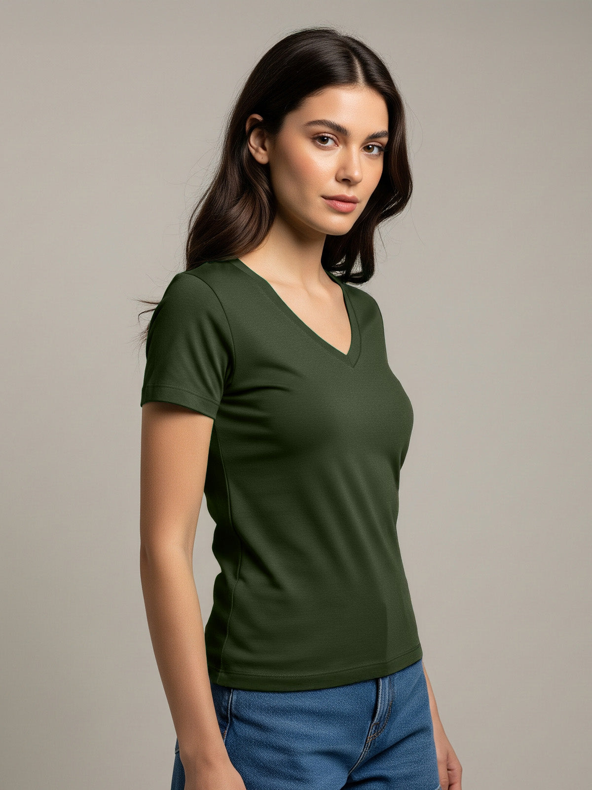 Olive Plain V-Neck Regular Fit T-Shirt