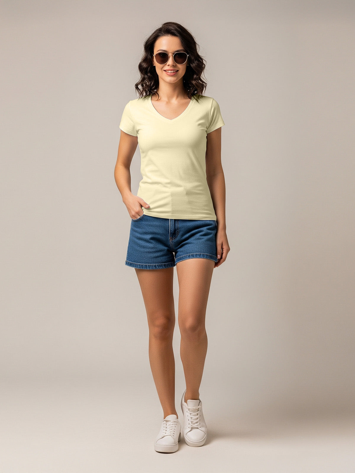 Off White Plain V-Neck Regular Fit T-Shirt