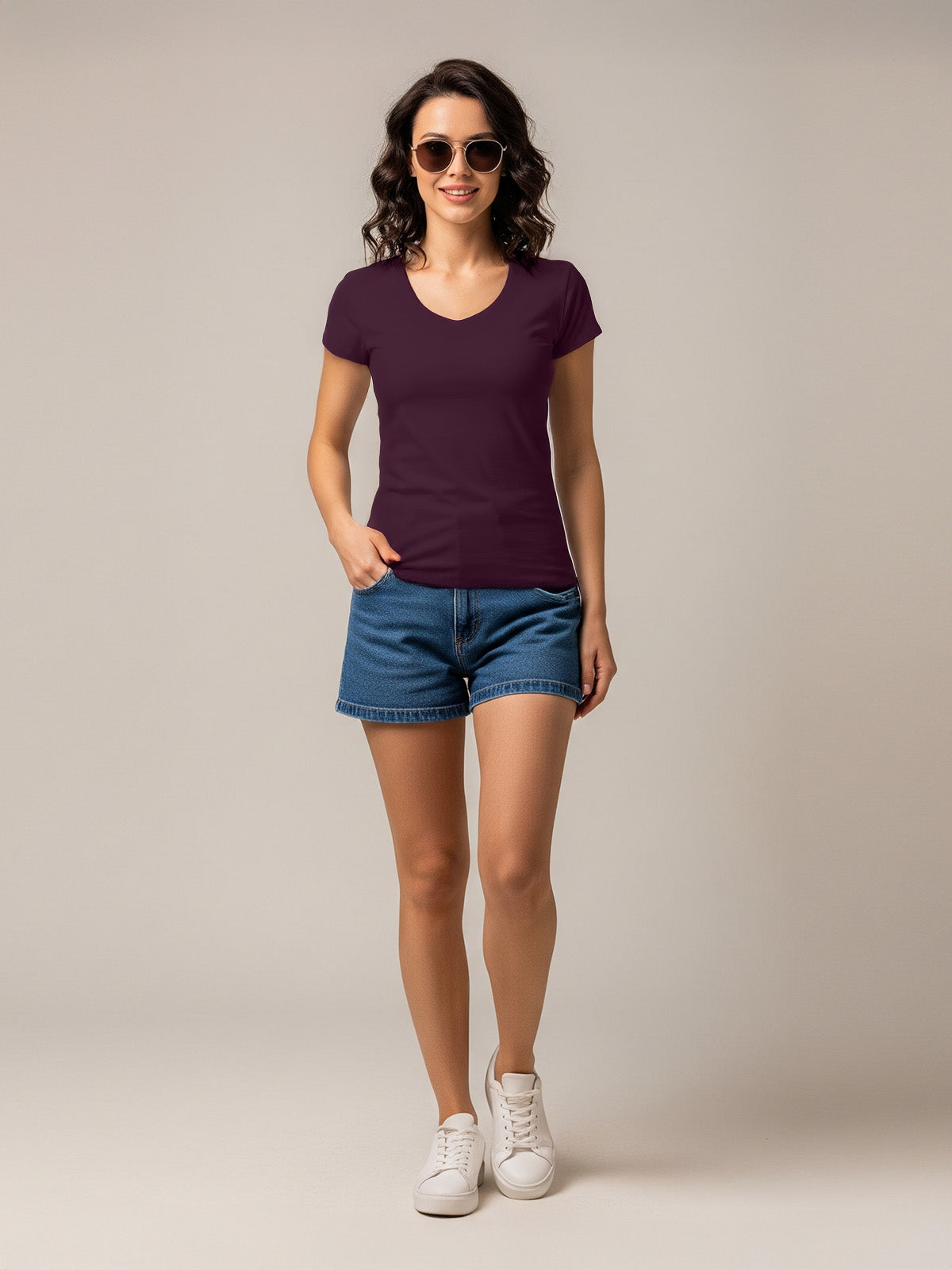Wine Plain V-Neck Regular Fit T-Shirt