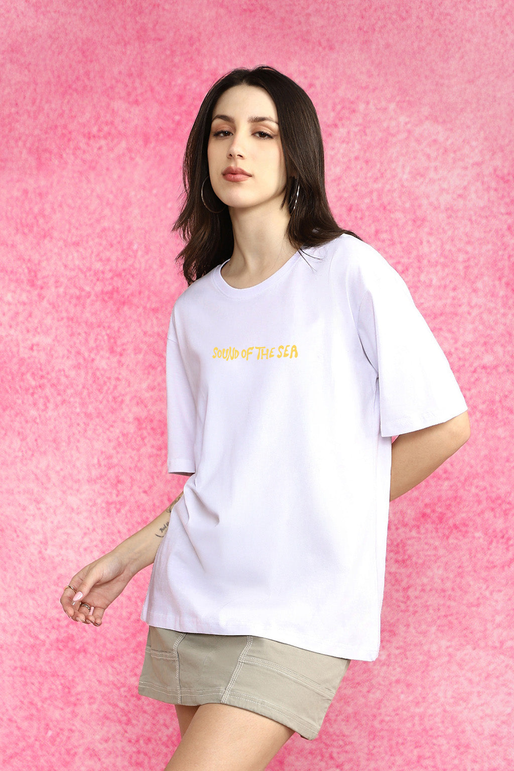 Sound Of Sea White Graphic Printed Oversized T-Shirt