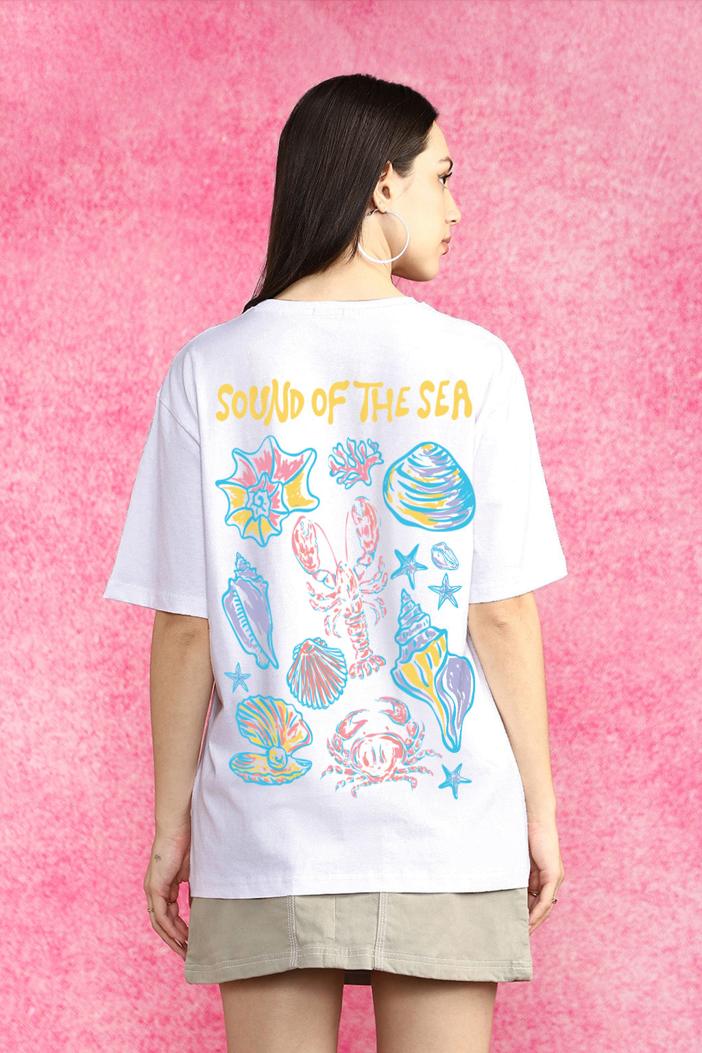 Sound Of Sea White Graphic Printed Oversized T-Shirt
