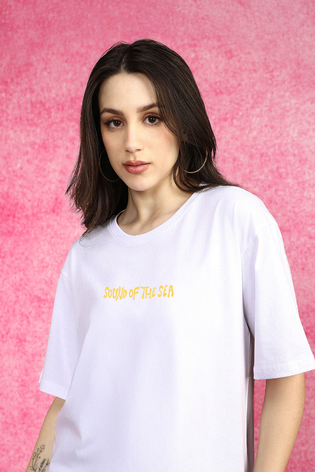 Sound Of Sea White Graphic Printed Oversized T-Shirt