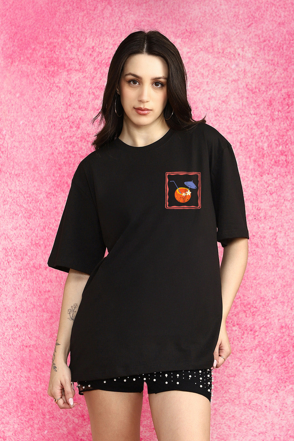 Sun Sand Surf Black Oversized Fit Graphic T-Shirt