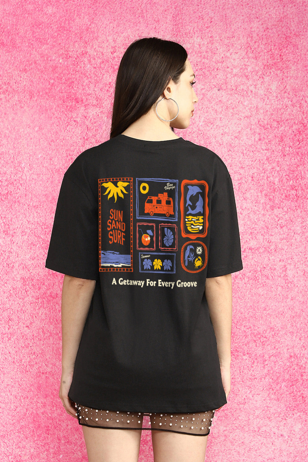 Sun Sand Surf Black Oversized Fit Graphic T-Shirt