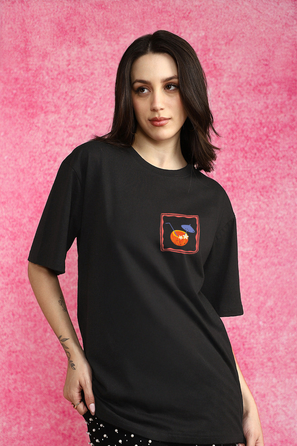 Sun Sand Surf Black Oversized Fit Graphic T-Shirt