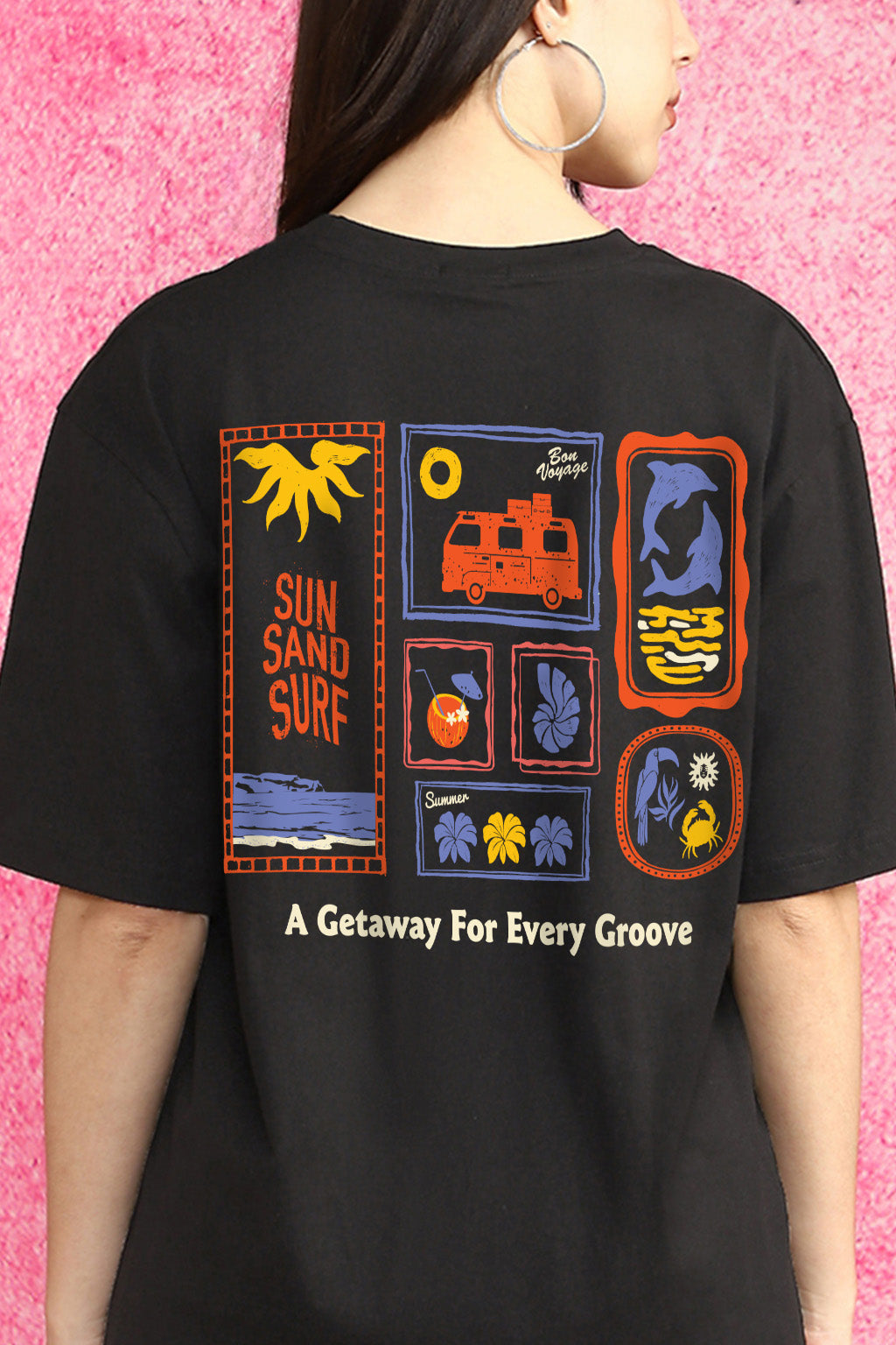 Sun Sand Surf Black Oversized Fit Graphic T-Shirt
