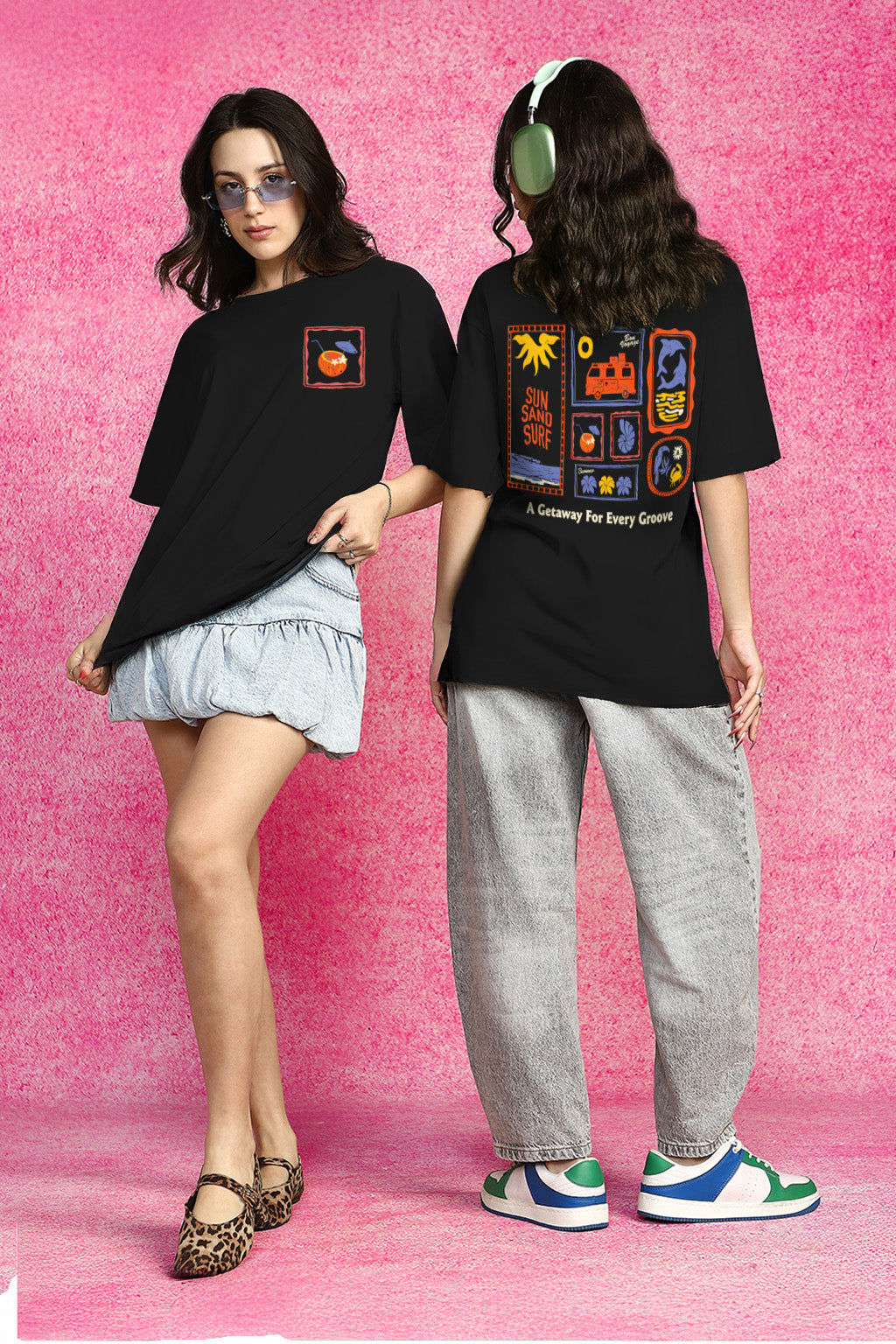 Sun Sand Surf Black Oversized Fit Graphic T-Shirt