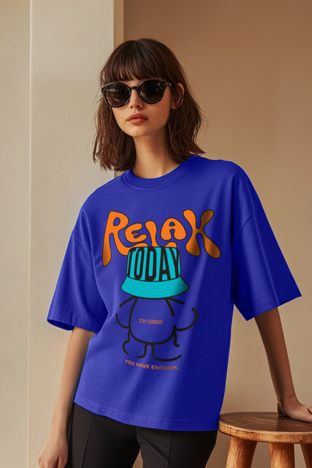 Relax Today Graphic Printed Oversized Fit Royal Blue T-Shirt