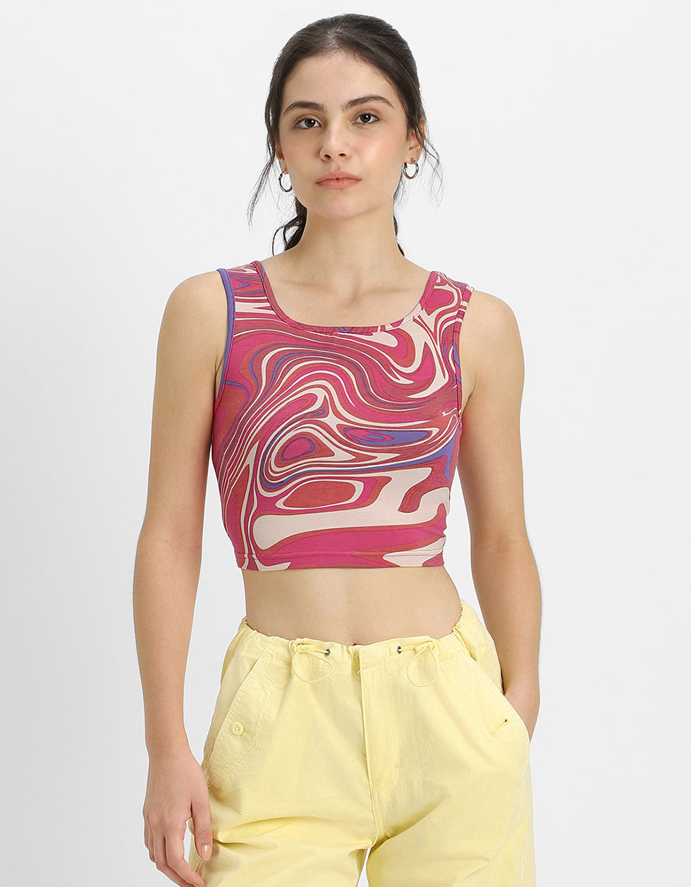 Pink Abstract Printed Round Neck Cropped Tank Top