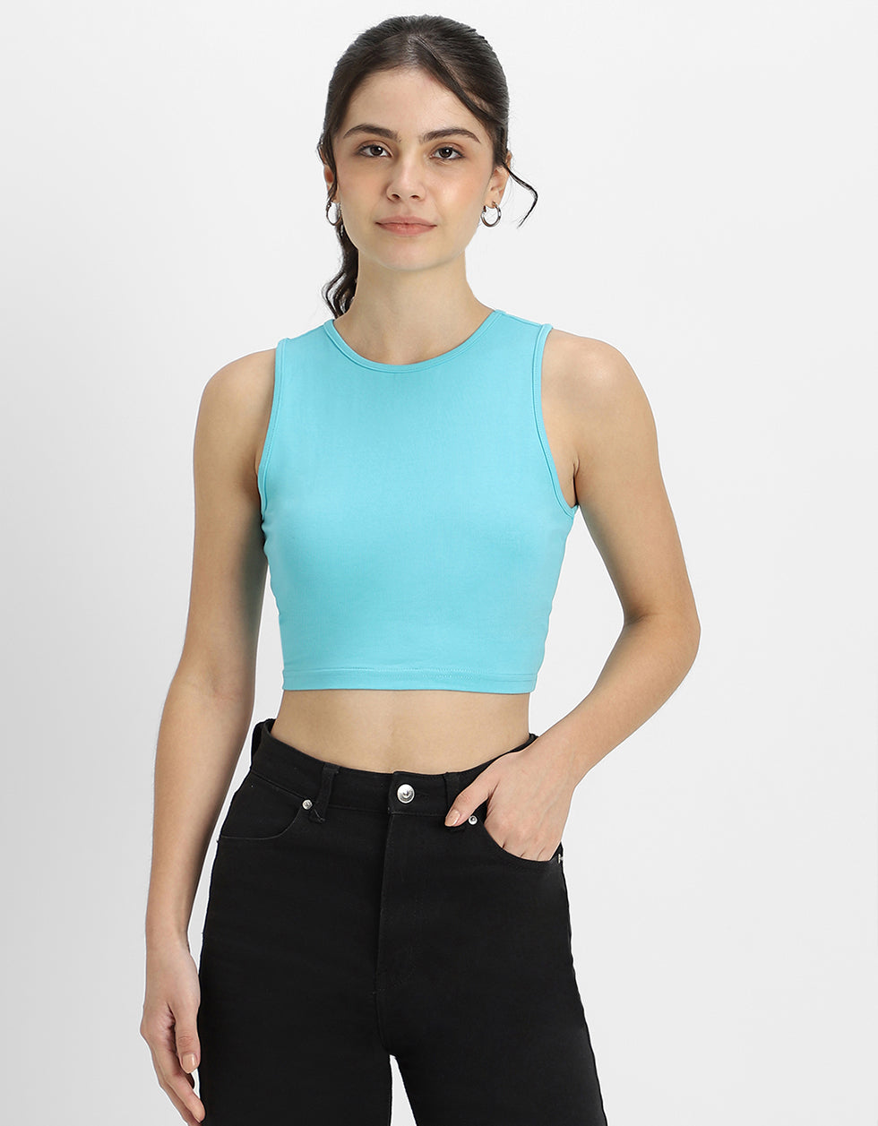Blue Radiance Plain Round Neck Cropped Tank Top