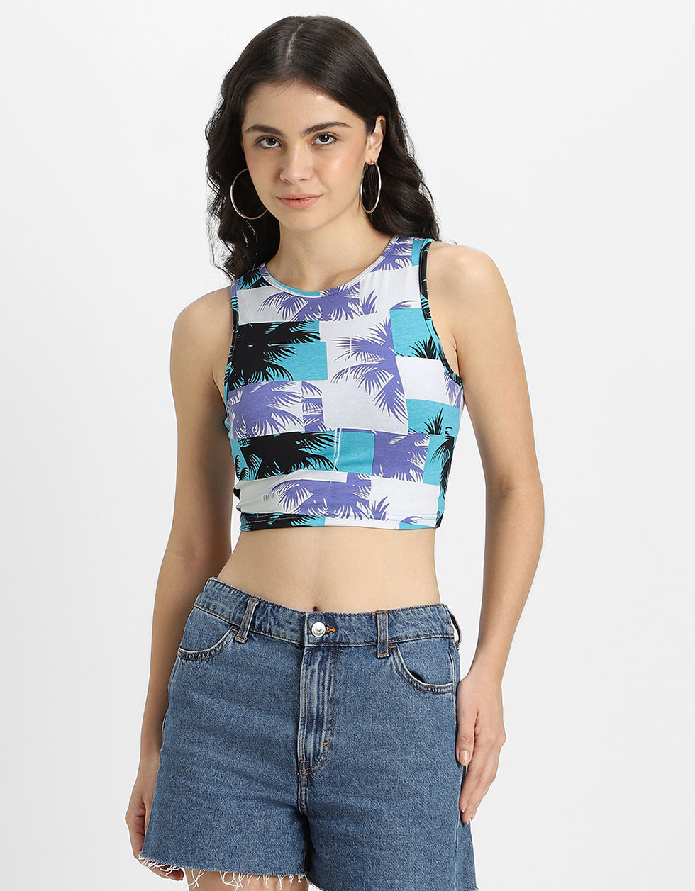 White Printed Round Neck Cropped Tank Top