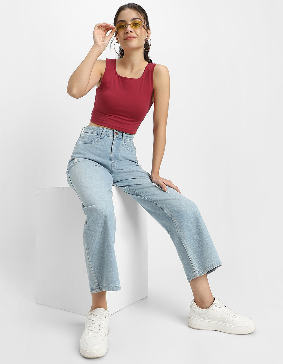 Viva Magenta Plain Square Neck Cropped Tank Top
