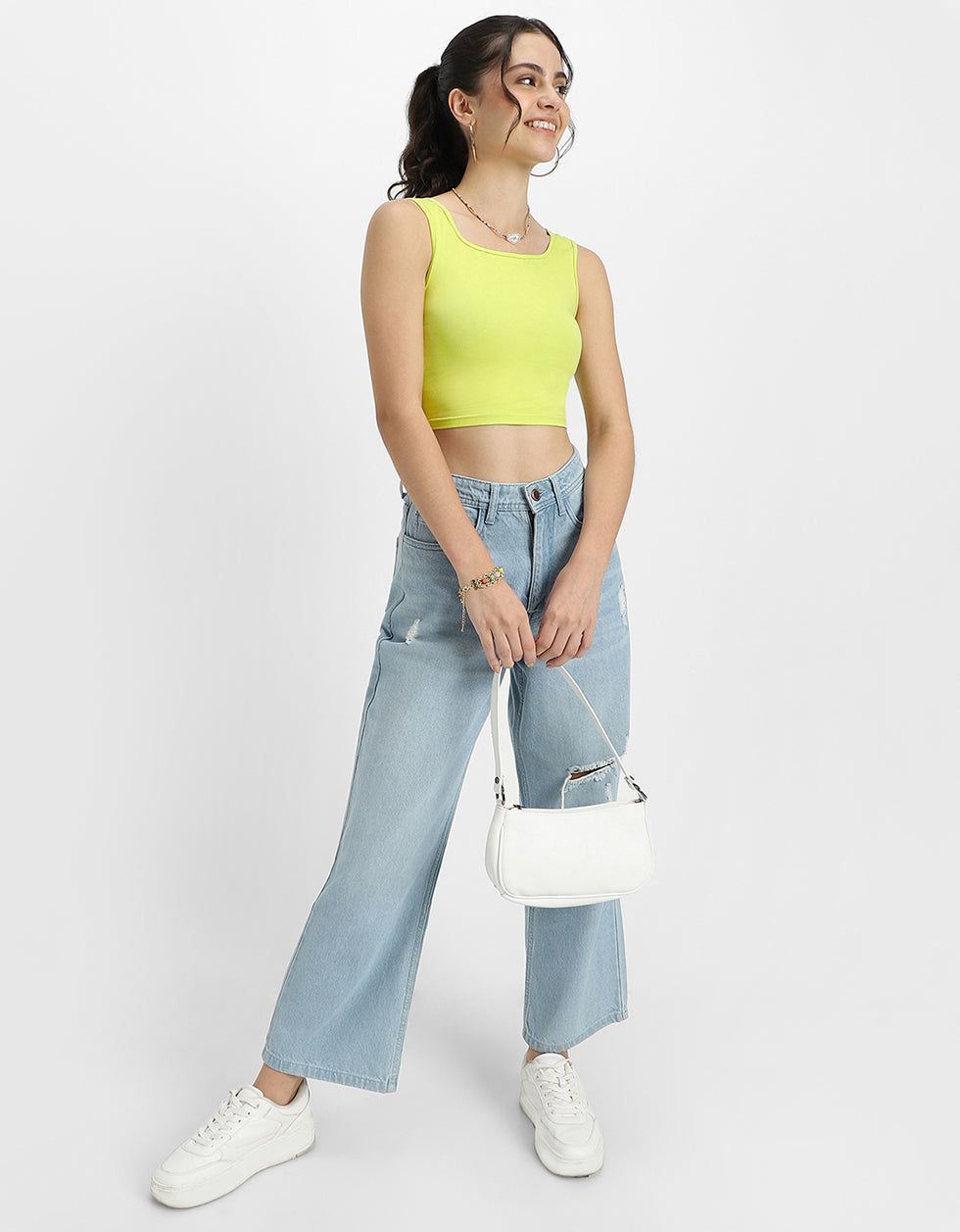 Lime Green Plain Square Neck Cropped Tank Top