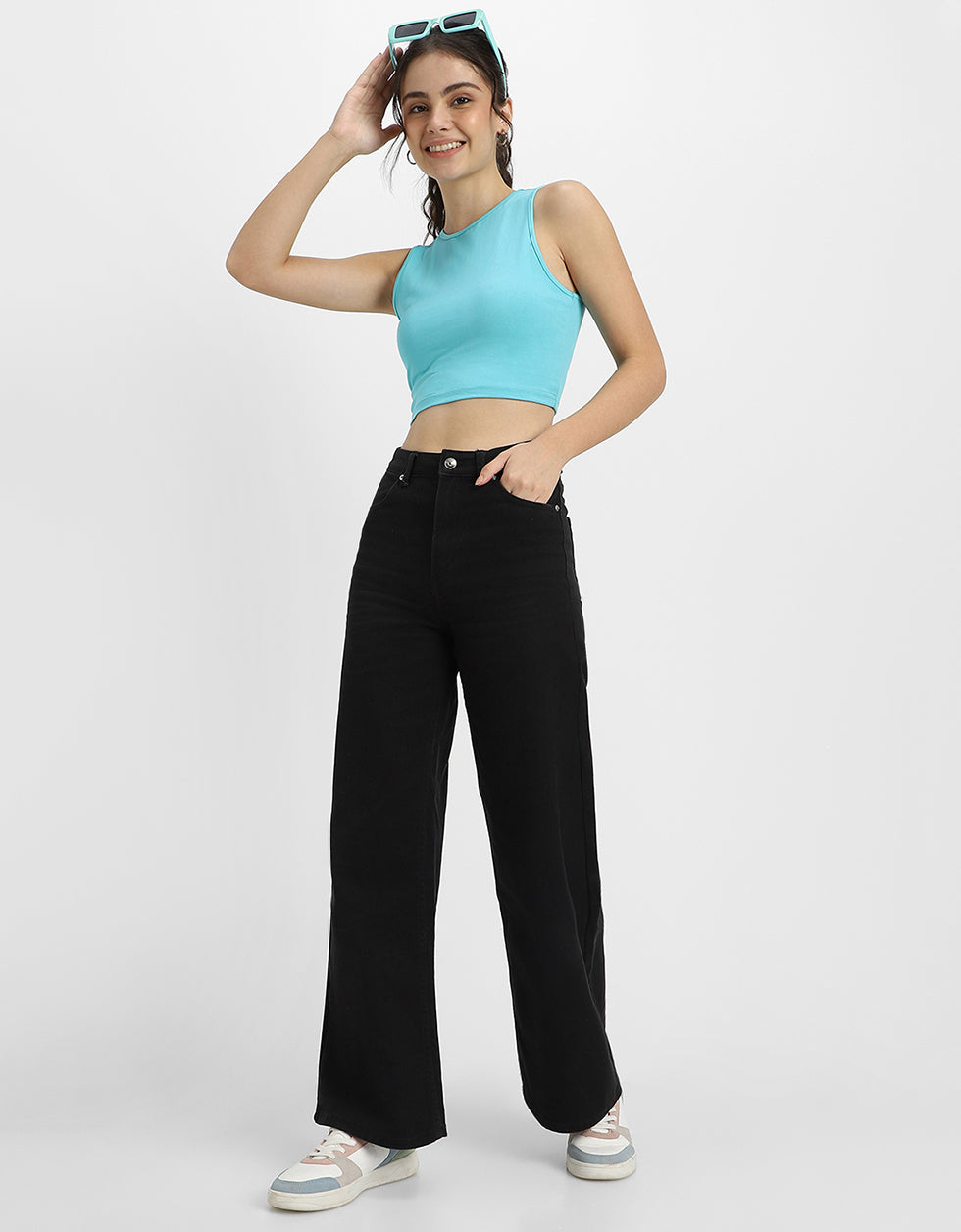 Blue Radiance Plain Round Neck Cropped Tank Top
