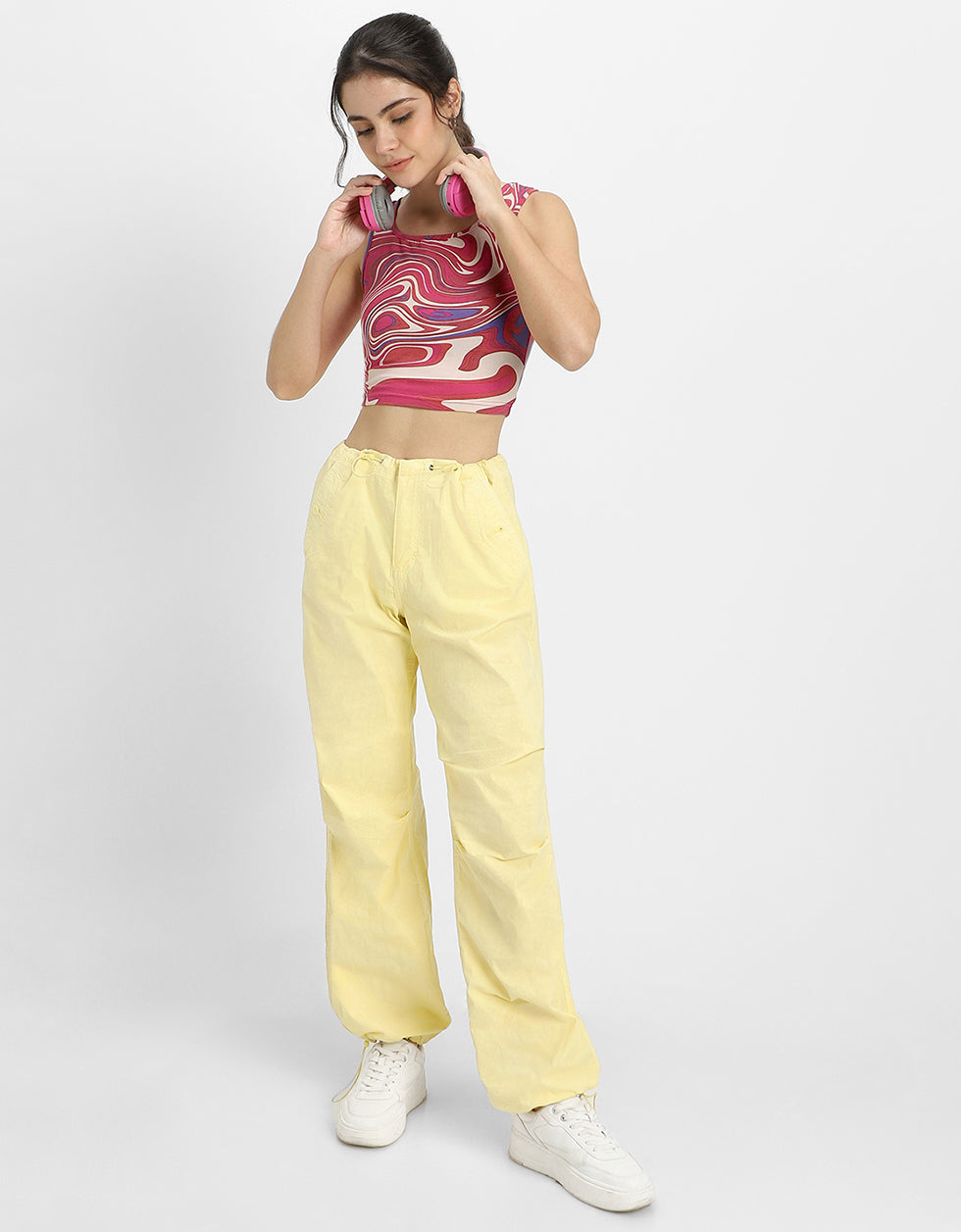 Pink Abstract Printed Round Neck Cropped Tank Top
