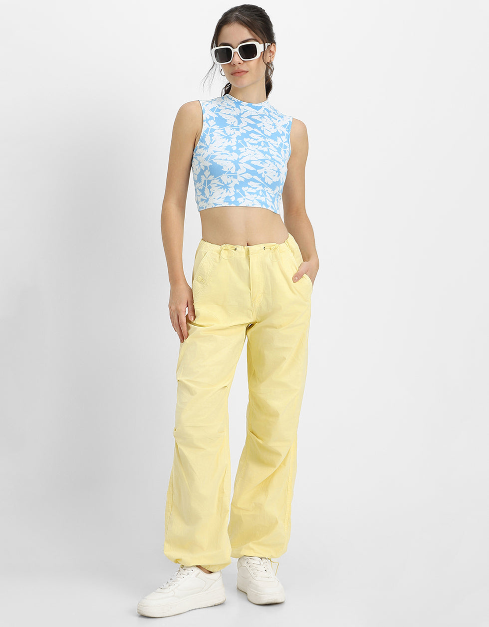Blue Radiance Floral Printed High Neck Cropped Tank Top