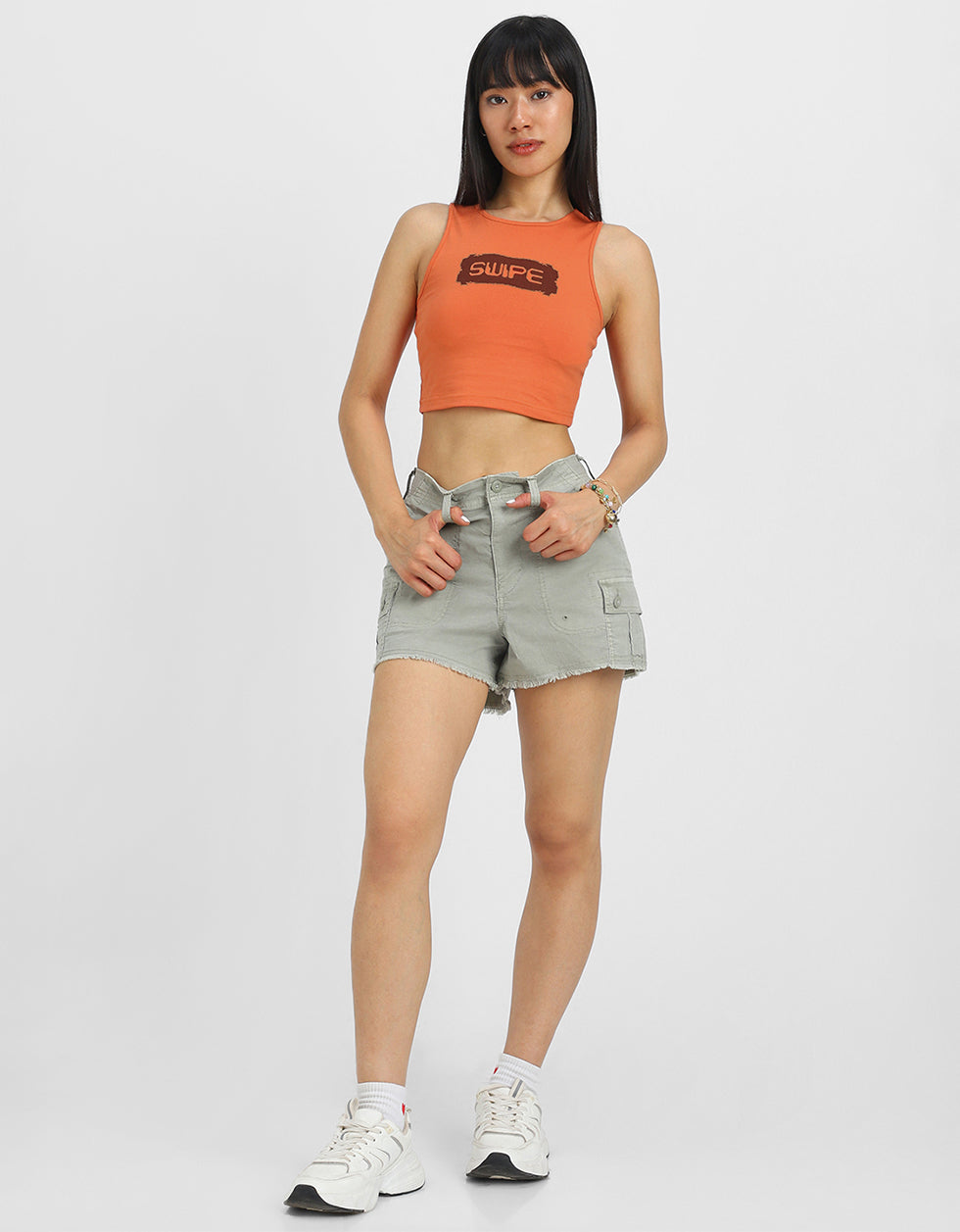 Orange Graphic Printed Round Neck Cropped Tank Top
