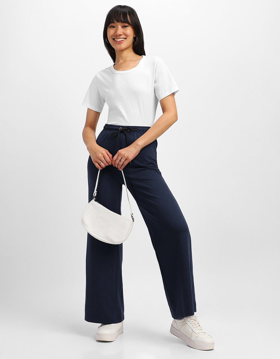 Navy Blue Plain Wide Leg Track Pant