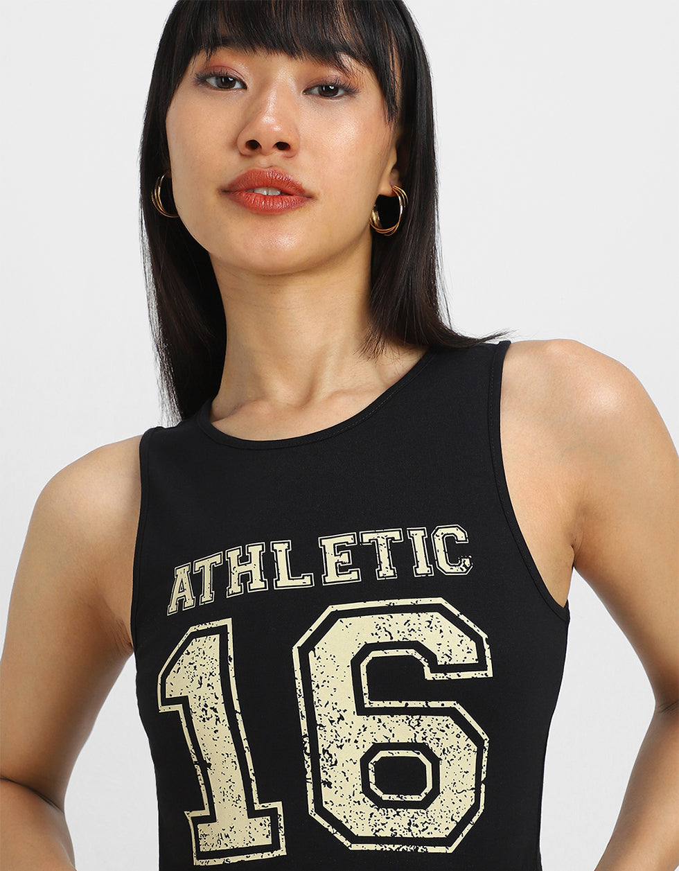 Black Graphic Printed Square Neck Cropped Tank Top