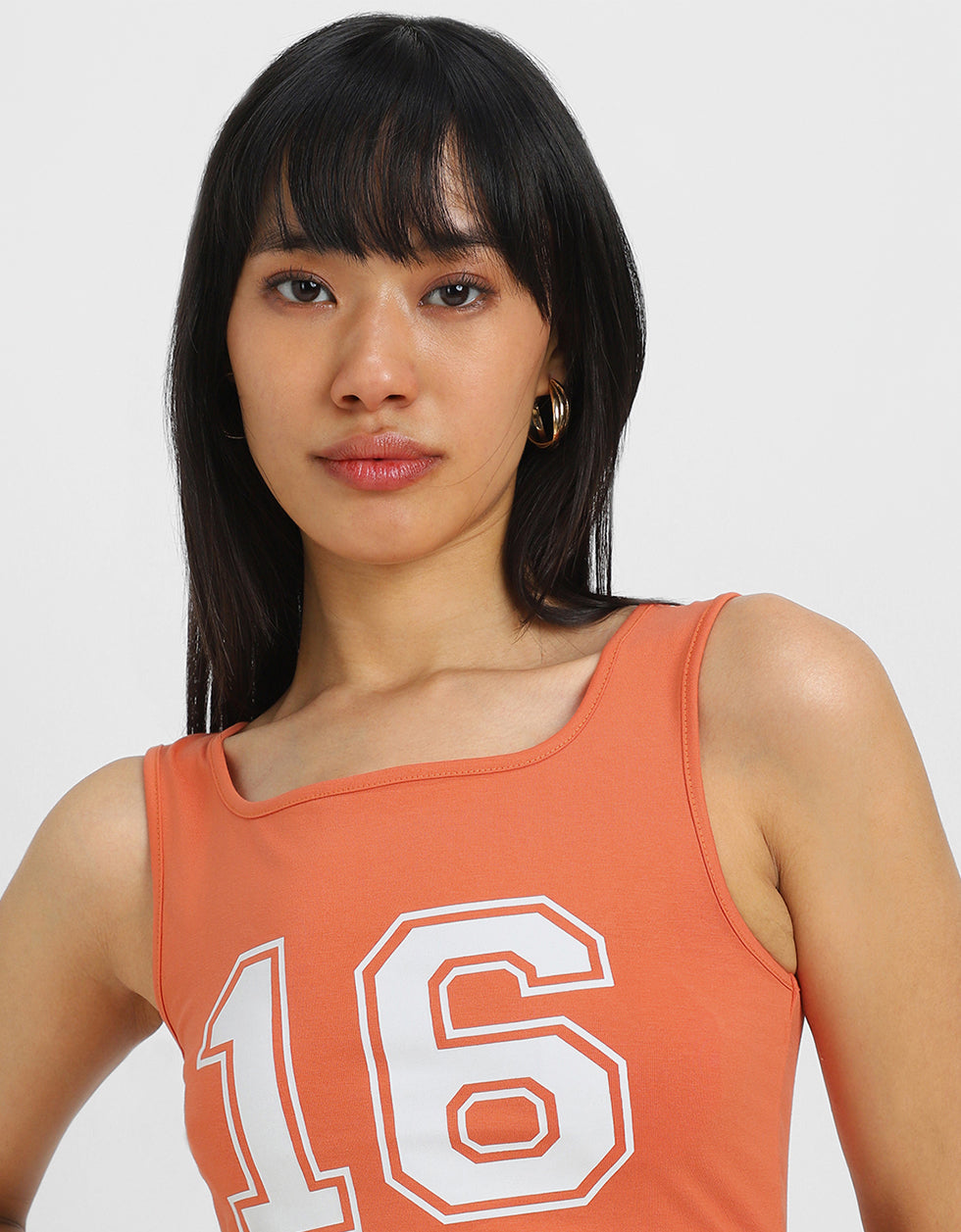 Orange Graphic Printed Square Neck Cropped Tank Top