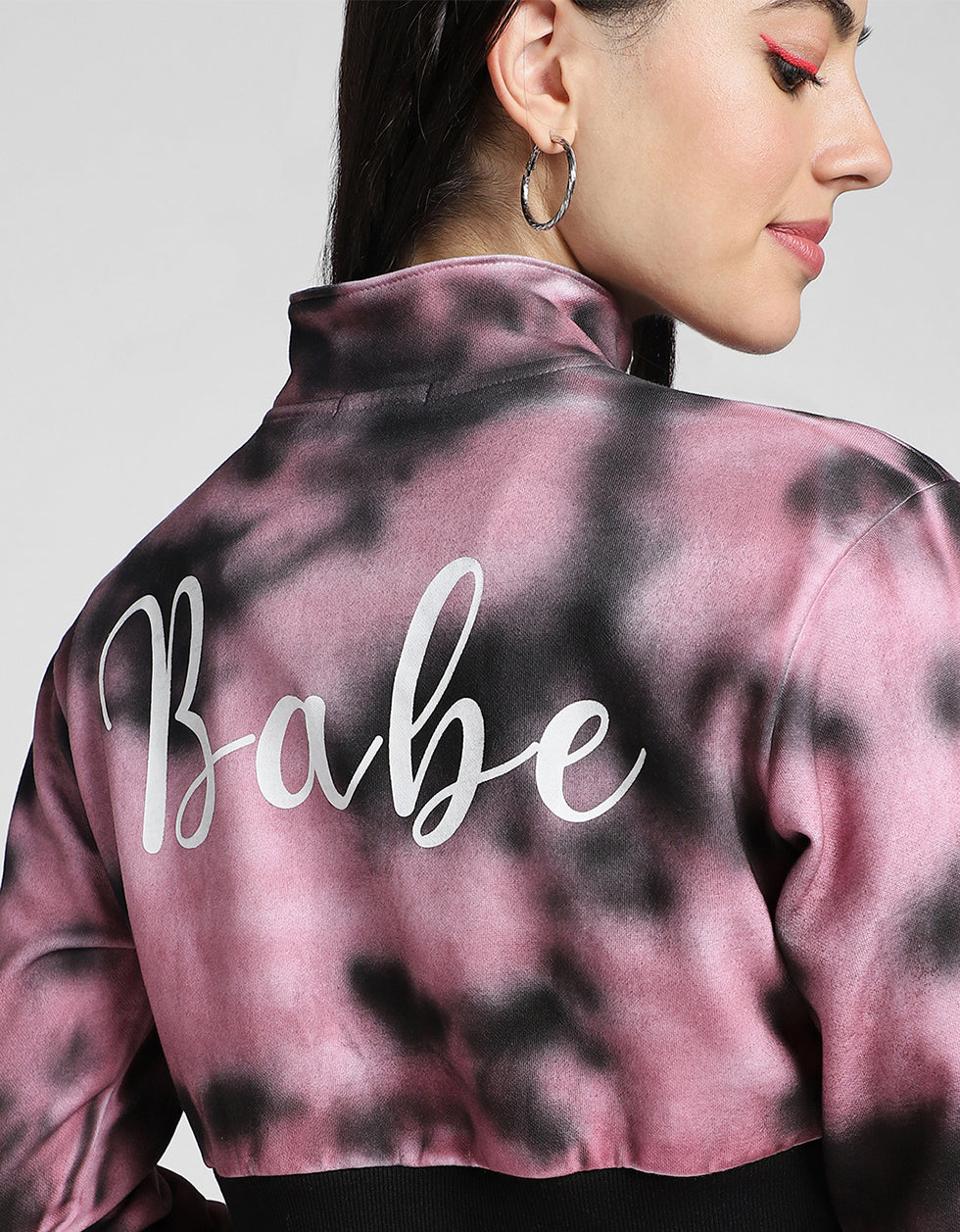 Babe Printed Tie-Dye Regular Fit Purple Zipper Crop Jacket