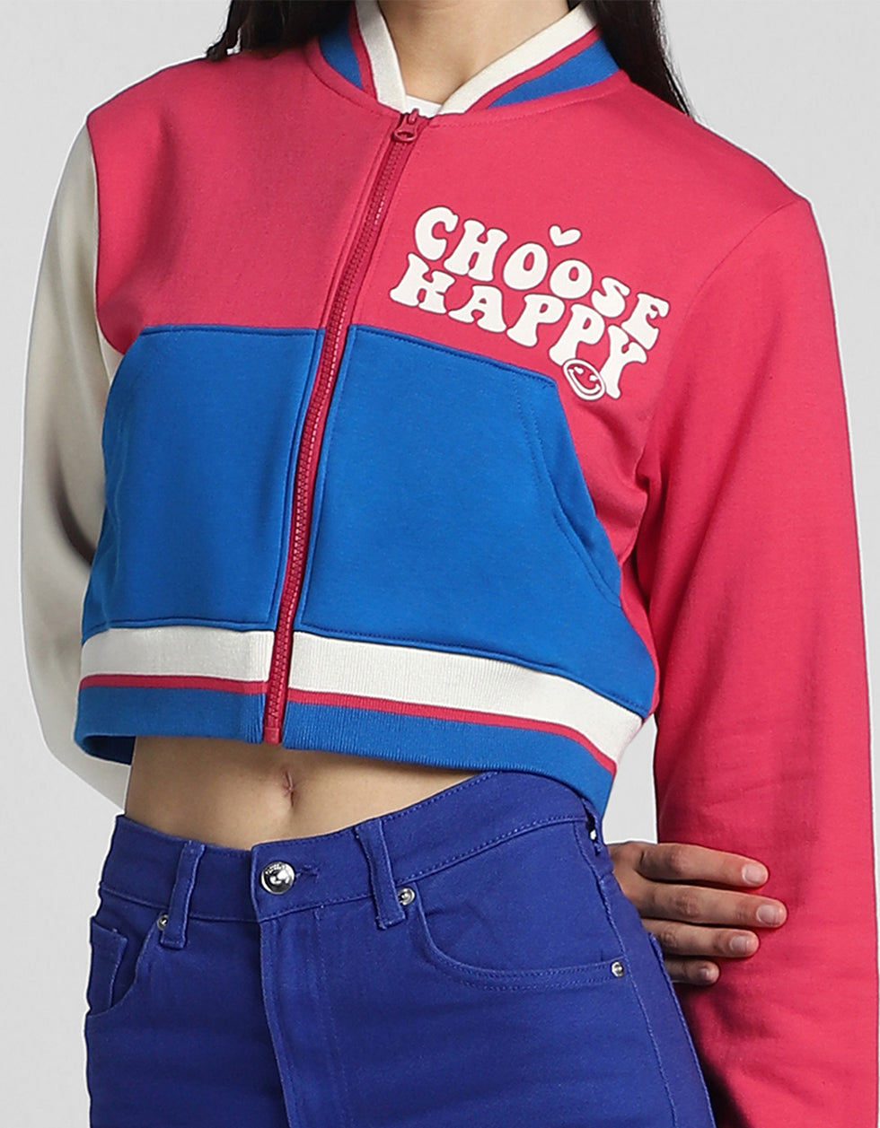 Choose Happy Printed Multicolor Color Blocked Regular Fit Zipper Hoodie