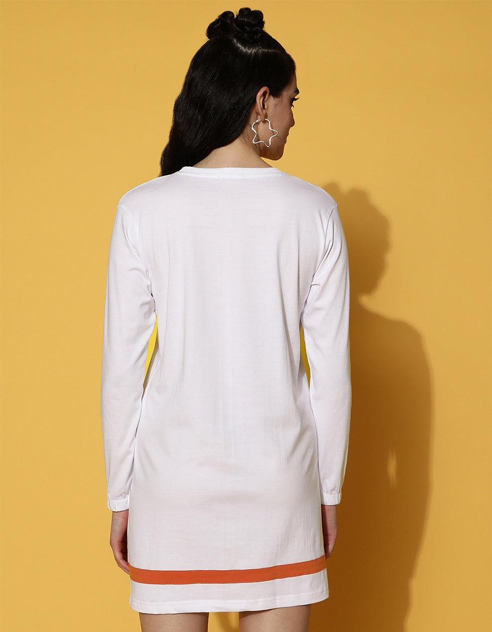 No Guessing Printed Ribbed Full Sleeve Round Neck White T-shirt Dress