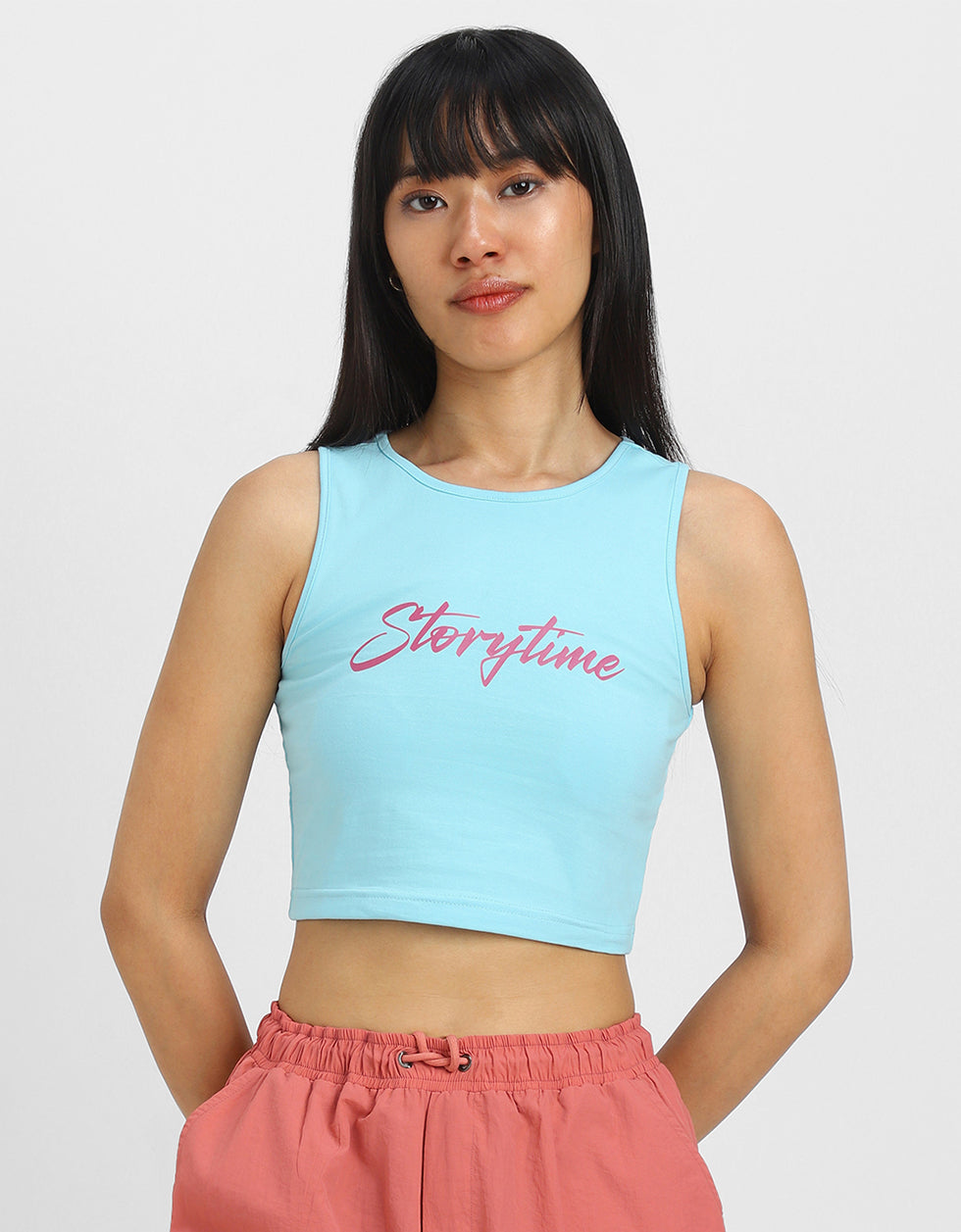 Blue Graphic Printed Round Neck Cropped Tank Top