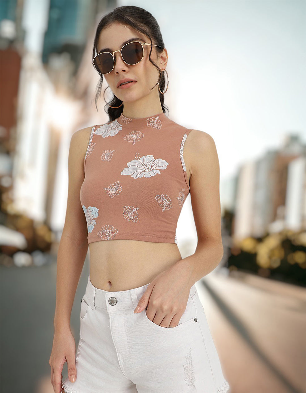 Brown Printed High Neck Cropped Tank Top