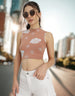 Brown Printed High Neck Cropped Tank Top