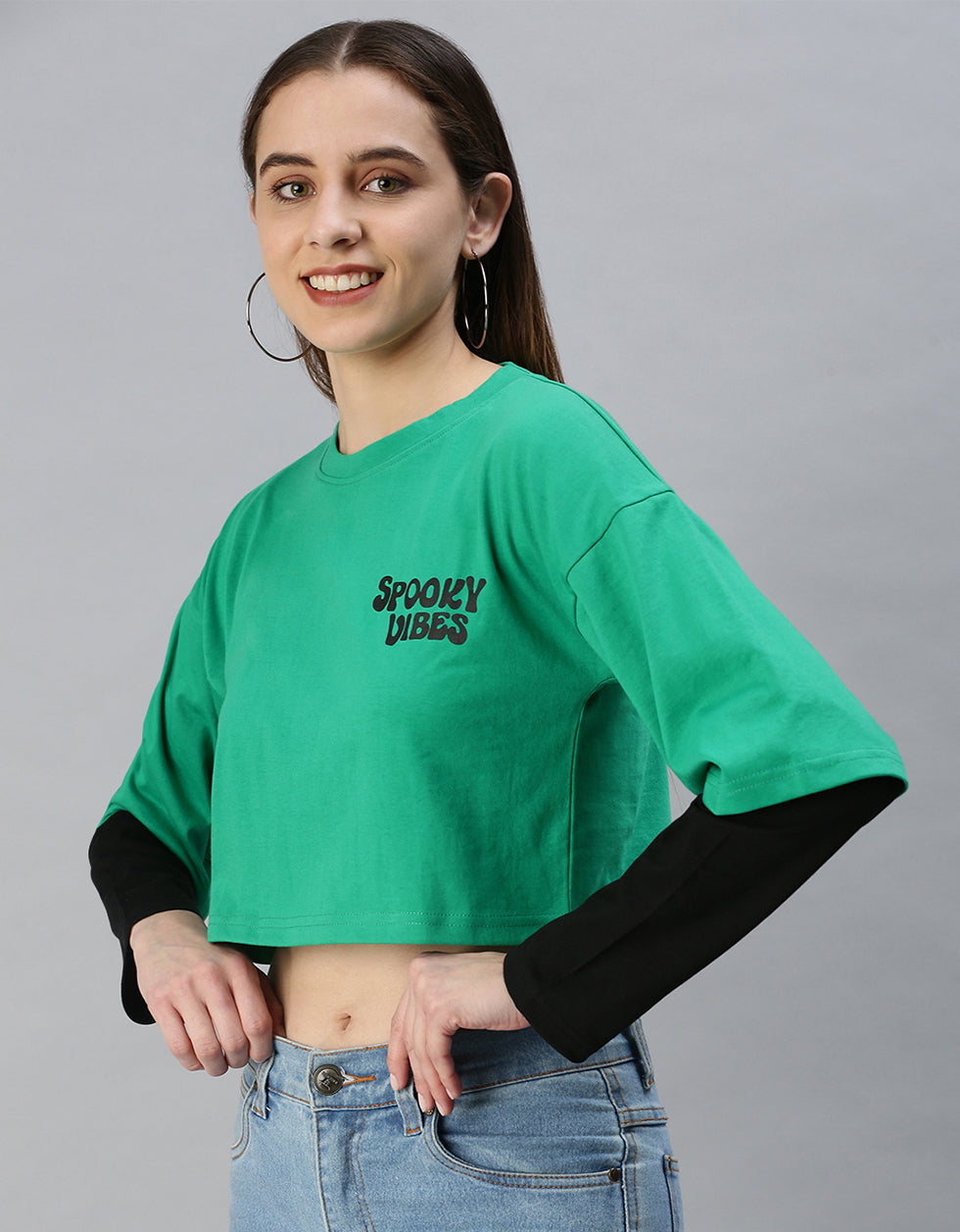 Spooky Vibes Green Typographic Printed Regular Fit Crop Top