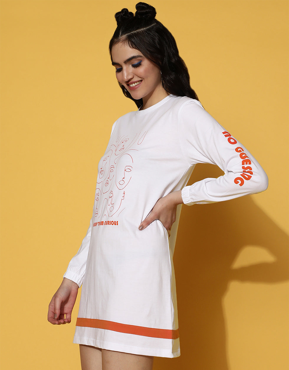 No Guessing Printed Ribbed Full Sleeve Round Neck White T-shirt Dress