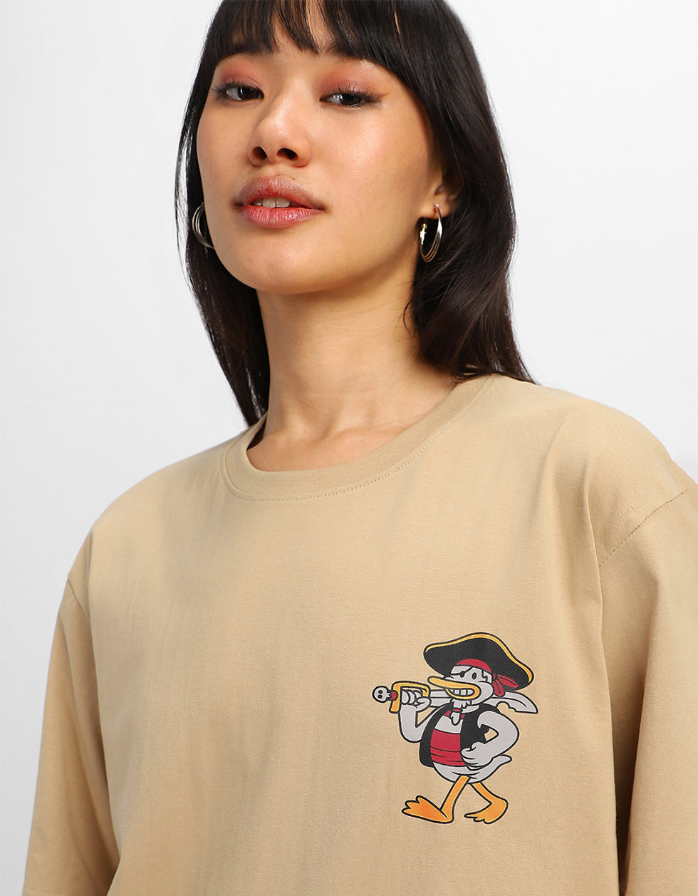 Duck Graphic Printed Beige Oversized T-Shirt