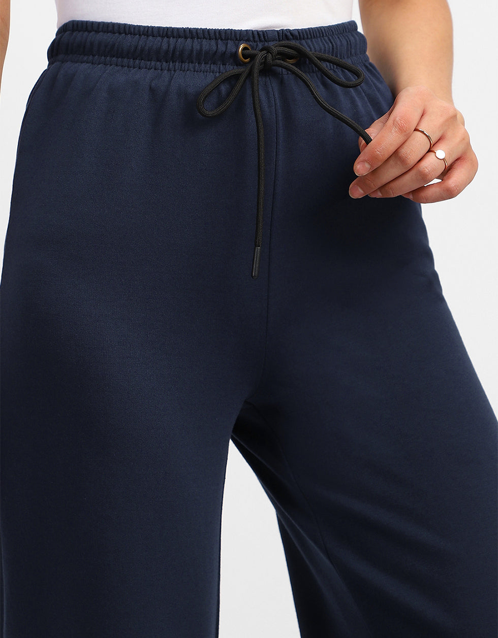 Navy Blue Plain Wide Leg Track Pant