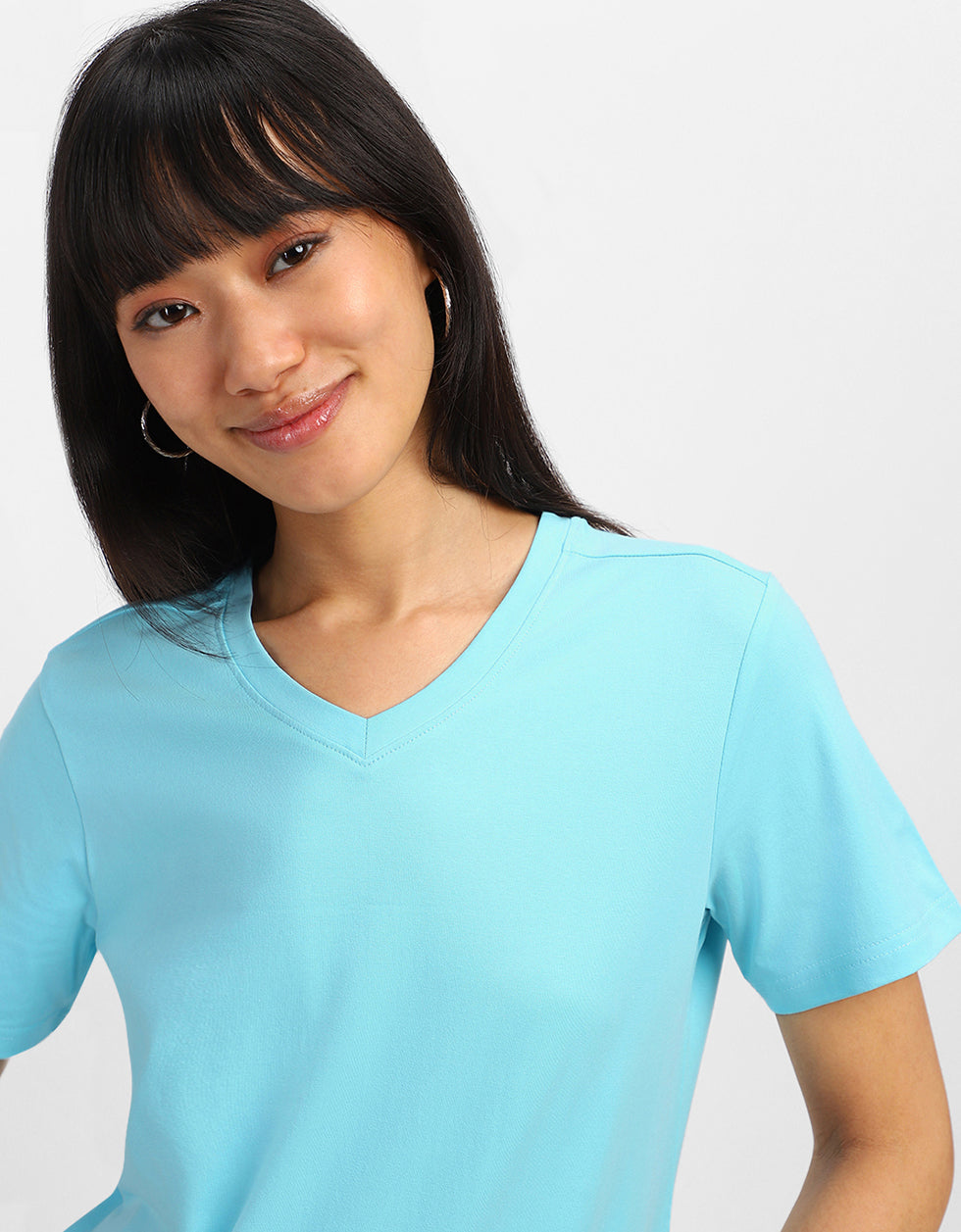 Ice-Blue Plain V-Neck Regular Fit T-Shirt